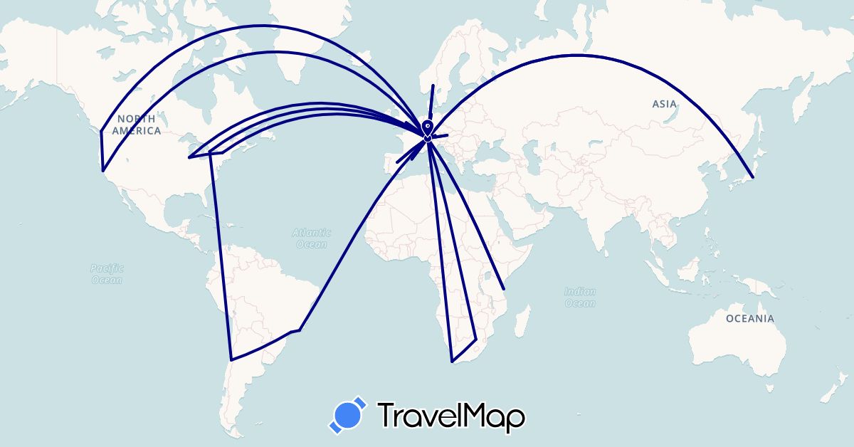 TravelMap itinerary: driving in Austria, Brazil, Canada, Switzerland, Chile, Germany, Spain, United Kingdom, Japan, Kenya, Norway, Tanzania, United States, South Africa (Africa, Asia, Europe, North America, South America)